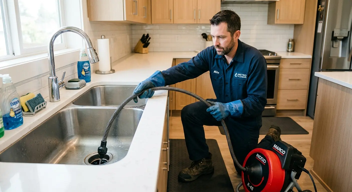 Drain cleaning technician using a motorized snake on a kitchen sink in Danville