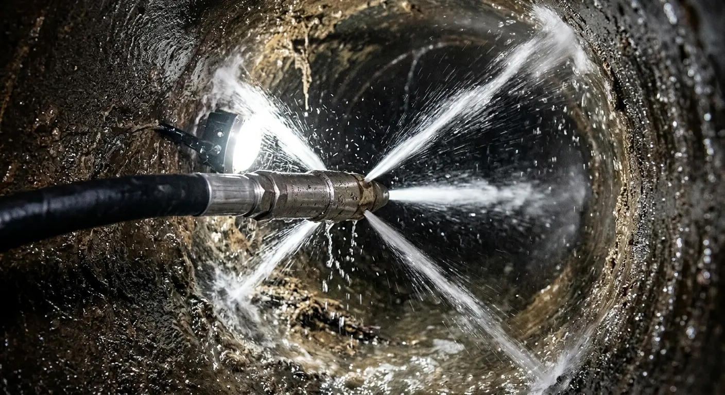 High-pressure hydro jetting nozzle cleaning sewer pipe for Emergency Drain Service in Danville