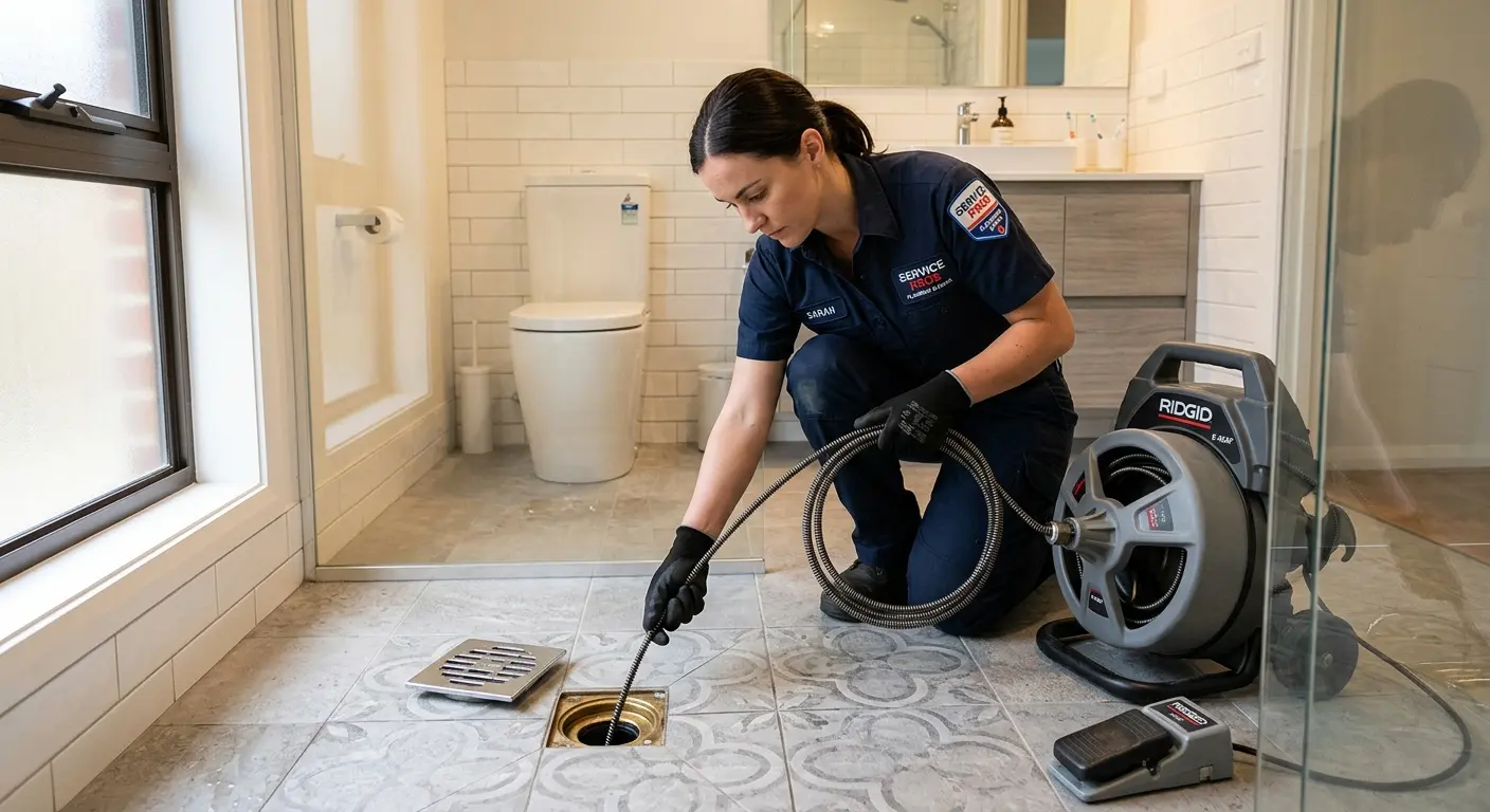 Technician clearing a bathroom floor drain for Sewer Line Replacement in Danville
